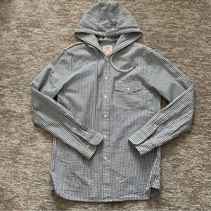 Brooks Brothers Red Fleece Hooded Button Front Men’s S Shirt Blue White Striped